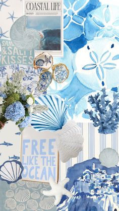 blue and white wallpaper with shells, seashells, flowers and pictures on it