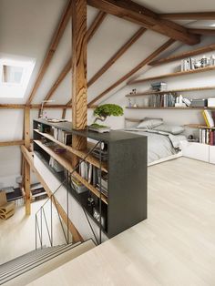 an attic bedroom with wooden beams and shelves filled with books, magazines, and other items