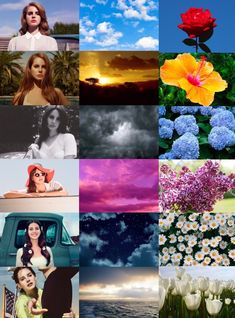 a collage of different pictures with flowers and clouds in the background, including one woman's face