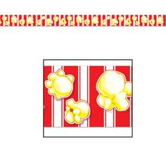 a red and white striped border with yellow teddy bears on the side, along with an image of popcorn