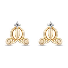 Look at this piece of jewelry and be amazed by its simplicity. It isn't big, elaborate, or flashy but is very powerful in its appeal. Crafted in 14k yellow gold over sterling silver, this carriage-shaped stud earrings has an emblematic design. At the tip of the carriage's top is a diamond that has a soft sparkle - one that would not interfere with your glow and will give way for you to shine. Gold Disney Earrings For Gift, Disney Gold Earrings As Gift, Disney Gold Earrings For Gift, Disney Princess Earrings, Unique Diamond Earrings, Enchanted Disney, Cinderella Carriage, Diamond Earrings For Women, Enchanted Disney Fine Jewelry