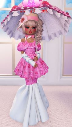 the doll is wearing a pink dress and holding an umbrella