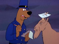 a cartoon character is talking to an animal with a pen in his hand and writing on paper