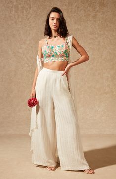 Chamee And Palak-Off-White Asmi Pant And Jacket Set-INDIASPOPUP.COM Embroidered Bustier, White Bustier, Fabric Pants, Embroidered Crop Tops, Lehenga Blouse, How To Hem Pants, Striped Jacket, Western Dresses, Indian Design