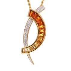 The Signature D-shaped Calibre-Cut Gradient Color Taper Baguette Citrines with Diamonds Brooch Pendant is a remarkable piece of jewelry that seamlessly blends the luxuriousness of 18 karat gold and the brilliance of diamonds. Elegant Orange Brooch Jewelry, Diamond Brooch, Diamond Settings, Stone Cuts, Baguette Diamond, Exquisite Jewelry, Gradient Color, Diamond Pendant, Types Of Metal