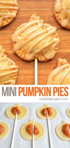 mini pumpkin pies with caramel drizzled on them are ready to be eaten