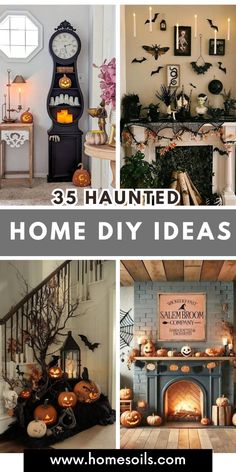 halloween decorations and fireplaces are featured in this collage