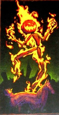 a drawing of a demon with flames coming out of it's body and arms