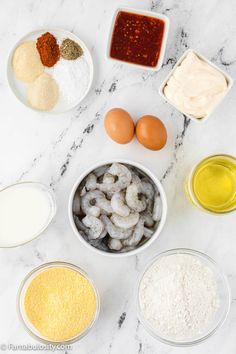 the ingredients to make this dish include shrimp, eggs, flour, and mayonnaise