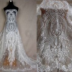 Price: The price is for 1 yard. if you buy more than 1 yard ,it won't be cut. will come in one piece the longest is 20 yards. Material: polyester,pearls,sequins,beads Fixed Wide : 130cm or 51 inches. color:off white Want to see other colors and more similar Beading lace fabrics come to: https://www.etsy.com/shop/Randyfabrics?ref=hdr_shop_menu&section_id=14192305 Shipping: Choose the shipping way you need, if you want package shipped by express,please note the phone number on order. Use for D Fitted Lace Wedding Dress With Sequins, Off White Wedding Dresses, Fabric Wedding Dress, Beaded Dresses, White Lace Wedding Dress, Beaded Fabric, Silver Gown, Wedding Dress Patterns, Doll Diy Crafts