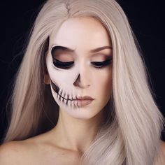 2,352 Likes, 26 Comments - Kayla Hagey (@kaylahagey) on Instagram: “NEW VIDEO! Tutorial on this faded half skull  the link to my channel is in my bio! Products:…” Skeleton Makeup Ideas, Bio Products, Spooky Skeleton