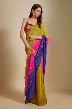 Mustard, multi colored saree in ombre effect. Comes with multi colored hand embroidered blouse. - Aza Fashions Fusion Style Multicolor Pre-draped Saree With Dupatta, Fusion Multicolor Pre-draped Saree With Dupatta, Multicolor Fusion Style Pre-draped Saree With Dupatta, Fusion Style Multicolor Pre-draped Saree For Wedding, Festive Multicolor Pre-draped Saree With Unstitched Blouse, Multicolor Pre-draped Saree With Dupatta, Fusion Style Multicolor Pre-draped Saree For Diwali, Multicolor Pre-draped Saree For Party With Traditional Drape, Diwali Multicolor Pre-draped Saree With Sheer Dupatta