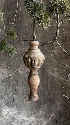 an old urn hanging from a tree branch with pine needles on it's branches