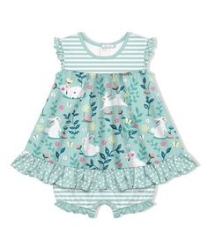 Little Millies Mint Floral Stripe Bunnies Ruffle-Trim Skirted Romper, 6M Just right for warm days full of play, this adorable ruffled romper features a sleeveless design to keep your little one cool, plus a convenient snap gusset for easy diaper changes. 90% polyester / 10% spandex Machine wash Imported Casual Ruffle Hem Sets For Spring, Casual Spring Sets With Ruffle Hem, Cute Sets With Ruffle Hem For Summer, Cute Ruffle Hem Summer Sets, Cute Summer Sets With Ruffle Hem, Cute Ruffled Sets For Spring, Casual Cotton Dress For Easter, Love Lily, Baby Clothes Patterns