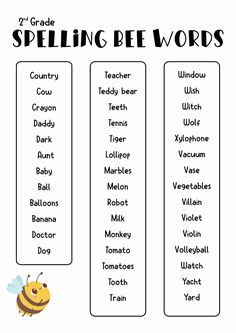 the spelling bee words worksheet is shown in black and white with an image of a