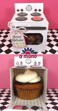 two pictures of a cupcake in a box with a happy birthday tag on it