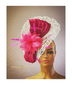 Kentucky Derby Fascinator Structured, chic white crisscross woven material. Berry pink silk and matching feathers. Easy-to-wear headband fascinator makes a statement, and can be worn to a myriad of events: Easter, bridal, Del Mar Races, hat contests, church, galas, Kentucky Derby, Melbourne Cup, high tea, weddings, cocktail parties, and many more. *FREE SHIPPING  For more STATEMENT JEWELRY and HANDMADE HATS go to www.aimeesfuller.com Aimee Fuller has been a trusted online seller since 1999, and is excited to bring her creations back to Etsy.  Though often copied by hobbyists and even high-end department stores, discriminating fashionistas from all walks of life count on Aimee's pieces to lead the trends and make one-of-a-kind statements in their ensembles, fashion shoots, and style shows. Fitted White Headpiece For Church, Fitted White Hat Headpiece, Chic Fitted White Mini Hat, White Sinamay Mini Hats For Spring, Spring White Mini Hats In Sinamay, Spring White Sinamay Mini Hats, White Fitted Top Hat For Church, White Sinamay Fascinator For Races, Elegant White Sinamay Fascinator