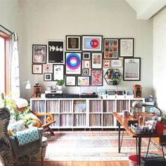 a living room filled with lots of furniture and pictures on the wall above it's bookshelf