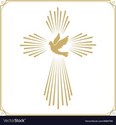 a golden dove with rays coming out from its wings on a white and gold background