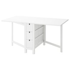 a white desk with two drawers on the top and one drawer at the bottom that is open