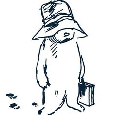 a black and white drawing of a person with a hat on, holding a suitcase