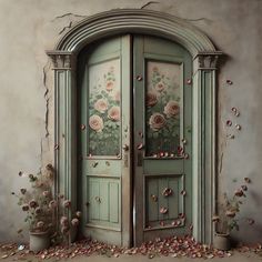 an old green door with flowers painted on it