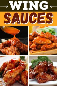 chicken wings with sauces on them and the words, wing sauces above it