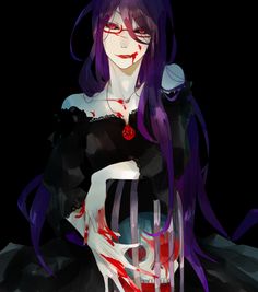 an anime character with purple hair and blood on her face, wearing a black dress