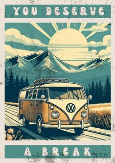 an old vw bus driving down the road with mountains in the background and sun rising above