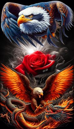 an eagle and a rose on a black background with the same color as each other