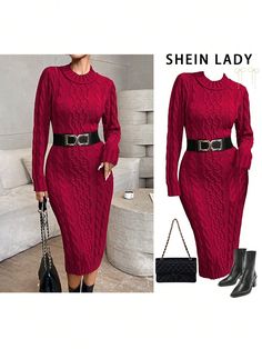 Solid Color Slim Fit Sweater Dress, Casual, Autumn/Winter Burgundy Elegant  Long Sleeve Fabric Plain  Slight Stretch  Women Clothing, size features are:Bust: ,Length: ,Sleeve Length: Fur Costume, Sweater Dress Casual, Slim Fit Sweater, Sweater Dress Women, Ruffle Hem Dress, Cosplay Dress, Lace Fashion, Women Long Dresses, Boho Women