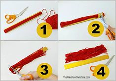 the instructions for how to make red yarn with scissors and yarnsticks are shown