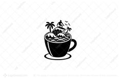 a cup of coffee with an island and palm trees in the middle, on a white background