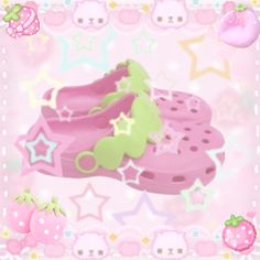 a pink and green shoe with stars on the bottom is in front of a star background