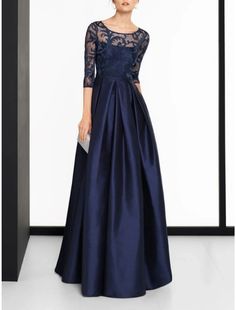 A-Line Mother of the Bride Dress Wedding Guest Vintage Elegant Jewel Neck Floor Length Satin Lace 3/4 Length Sleeve with Pleats Solid Color Evening Dresses Online, Cheap Evening Dresses, Dress Wedding Guest, Evening Gowns Elegant, Mother Of The Bride Dress, Vintage Elegant, Jewel Neck, Bride Dresses, Formal Evening Dresses