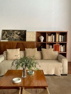 a living room with a couch, coffee table and bookshelf in the background