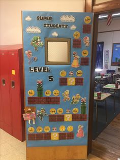 a super mario bros game on display in a school room with tables and lockers