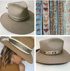 Hand embroidered hat bands. 7 different designs embroidered on silky ribbon with alternative side made of 6 different Liberty of London fabrics. Customize your options and create a completely unique hat band! Ribbon Hat Bands, Cowboy Hat Bands Diy, Hat Bands Diy, Hat Bands Diy Ideas, Art Hats, Cowboy Hat Bands, Hat Bands, Chapeau Cowboy, Liberty Of London Fabric