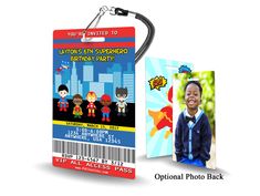 Superhero  (boy) theme personalized birthday invitations printed on PVC Plastic VIP Passes (lanyard included).  Each VIP Pass Invitation is printed on both sides of a thick 30mil PVC plastic card and includes a black lanyard.  ➼ How to order A minimum of 10 invitations is required, please do not choose less than 10 or your order will be refunded. Please provide your party information at http://etsy.pvcinvites.com to provide the details for your order.  You can upload a photo there as well.  A di Twin Birthday Themes, Oktoberfest Invitation, Vip Pass Invitation, Birthday Superhero, Superhero Birthday Invitations, Superhero Invitations, School Badges, 16th Birthday Invitations, Black Lanyard