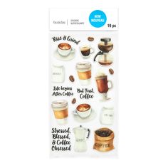 a sticker with different types of coffees and drinks on it's side