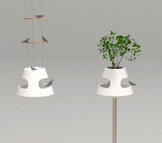 two white vases with plants in them and birds on the top, hanging from strings