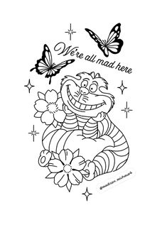 a coloring page with an image of a cartoon character and butterflies on the back ground