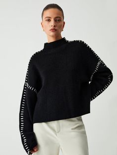 Shift The Focus Oversized Mock Neck Sweater Estilo Chic, Loose Pullover, Maxi Robes, Oversized Pullover, Yoga Shorts, Black Sweater, Mock Neck Sweater, Denim Jumpsuit, Look Casual