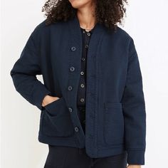 New With Tags Sold Out On Website Cozy Quilting Ribbed Cuffs Navy Cotton Outerwear With Button Cuffs, Classic Cotton Quilted Jacket For Work, Button-up Quilted Jacket For Work With Pockets, Blue Everyday Outerwear With Patch Pockets, Everyday Blue Outerwear With Patch Pockets, Blue Outerwear With Patch Pockets For Everyday, Indigo Long Sleeve Blazer For Fall, Blue Workwear Outerwear With Button Cuffs, Blue Outerwear With Patch Pockets For Work