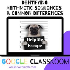 a pug dog holding a sign that says help me escape in front of a computer screen