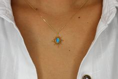 "Real Gold, No Gold-Filled Or No Gold Plated Material, Real Solid 14k Yellow Gold, Sun Necklace With Blue Or With White Opalite Stone, Pendant Heigth : 25,90mm, Pendant Width : 21,25mm, Strong Nice Chain, Chain Thickness : 0,95mm, ( Type #3 ) Chain Length : 14\", 15\", 16\", 17\", 18\", 19\", 20\", 21\", 22\", Options, You can customize your necklace length (included clasp) from 14 inches to 22 inches, We put an additional adjustment ring on the necklace to use it shorter, Necklace Length - 14 i Starburst Fine Jewelry Necklace As Gift, Starburst Fine Jewelry Necklace For Gift, Elegant Starburst Jewelry As Gift, Elegant Starburst Jewelry Gift, Handmade Yellow Gold Star Necklaces, Handmade Star-shaped Yellow Gold Necklaces, Handmade Elegant Star Of David Jewelry, Elegant Handmade Star-shaped Jewelry, Elegant Star-shaped Handmade Jewelry