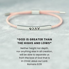 Make a bold statement with the G>∧∨ Tube Bracelet. This eye-catching accessory is a symbol showing that you won't let life's highs and lows bring you down. Included with a special message card, Romans 8:39, this inspirational bracelet is perfect for gifting yourself or someone special. God Is Greater Than The Highs And Lows Necklaces, Romans 8 39, Romans 8, Gift Giver, Someone Special, Greater Than