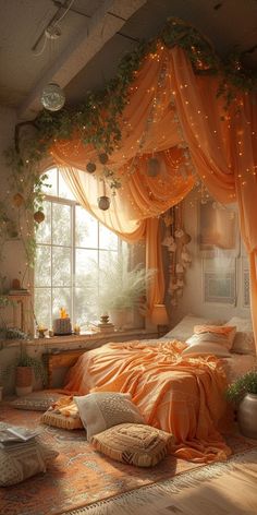 a bedroom with orange drapes and lights hanging from the ceiling, along with a bed covered in an orange comforter