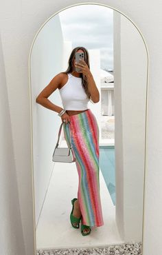 Sunlight Midi Skirt ~ Bright Stripe Sequins Rainbow Sequin Skirt, Fitted Contrast Sequin Summer Skirt, Fitted Contrast Sequin Skirt For Summer, Disco Style Contrast Sequin Bottoms For Spring, Trendy Sequined Summer Bottoms, Trendy Sequined Bottoms For Summer, Summer Night Out Skirt With Contrast Sequin, Summer Contrast Sequin Skirt For Night Out, Summer Night Out Sequin Skirt