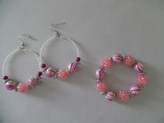 Pink and white earring and bracelet set, Pink beaded earrings and bracelet, Pink and white jewelry s Pink Pearl Beaded Bracelets For Jewelry Making, Pink Round Beaded Earrings, Adjustable Pink Earrings With Large Beads, Pink Jewelry With Spacer Beads For Jewelry Making, Pink Pearl Jewelry With Faceted Beads, Pink Pearl Beaded Earrings, White Jewelry Set, Pink Beaded Earrings, Diy Jewelry Bracelets